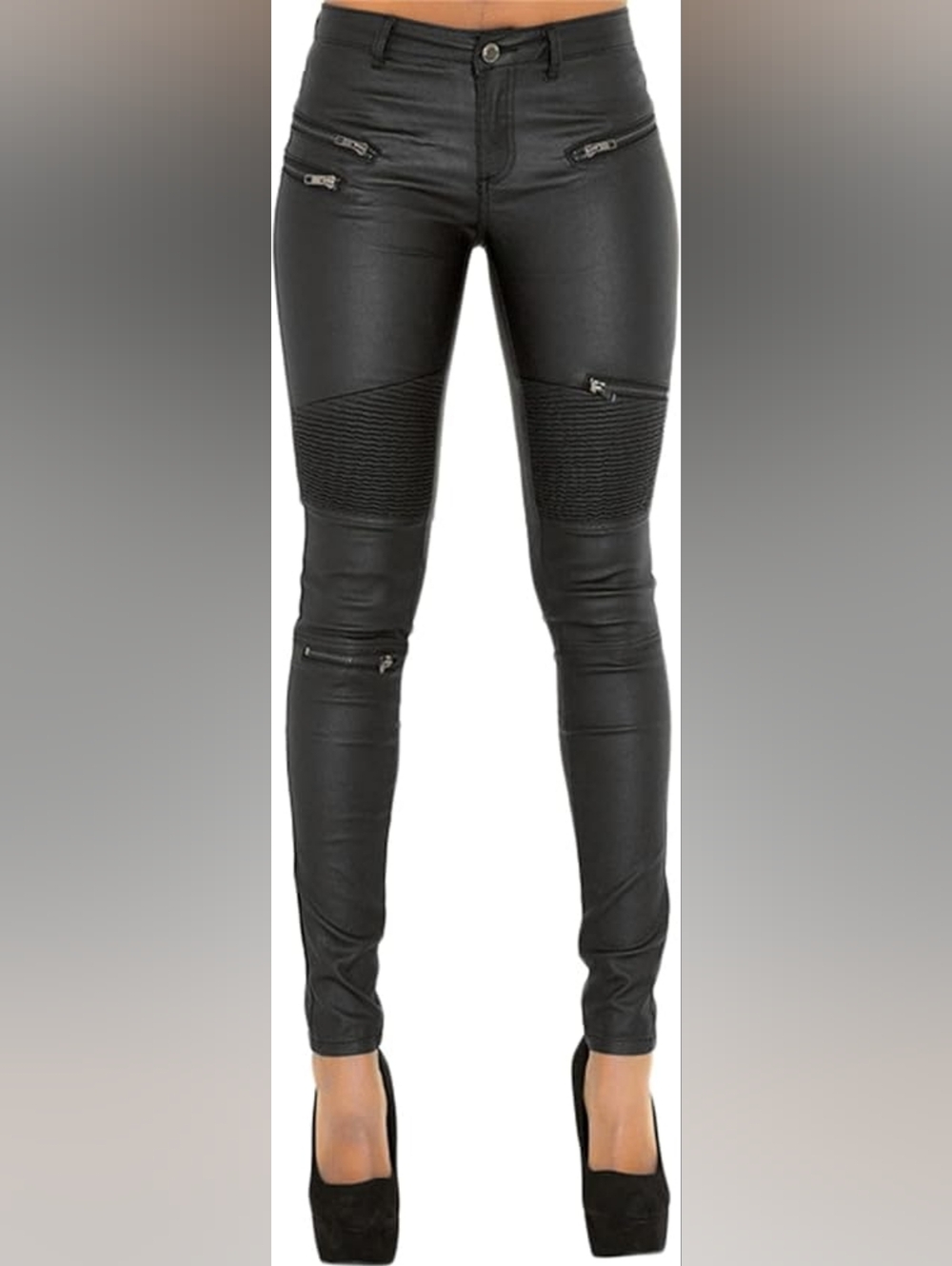 Womens Black Moto-Style Coated Skinny Pants
